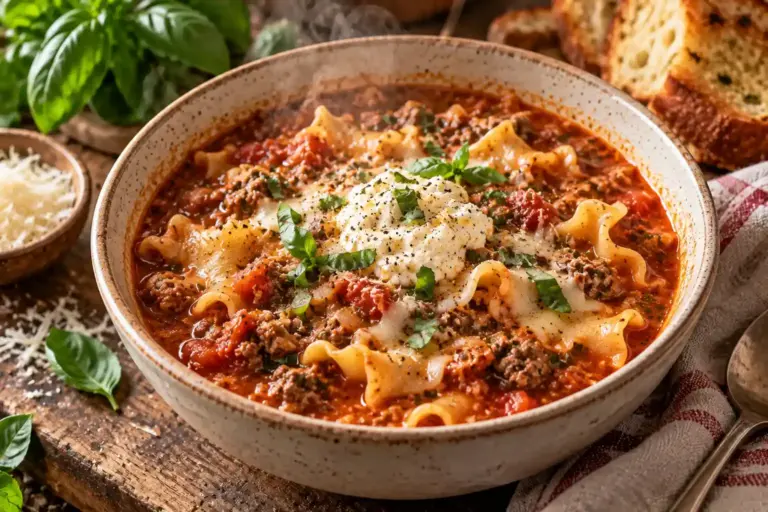 Lasagna Soup Recipe: A Hearty One Pot Dinner in 40 Minutes 9 Bowl of lasagna soup topped with ricotta, mozzarella, and fresh basil
