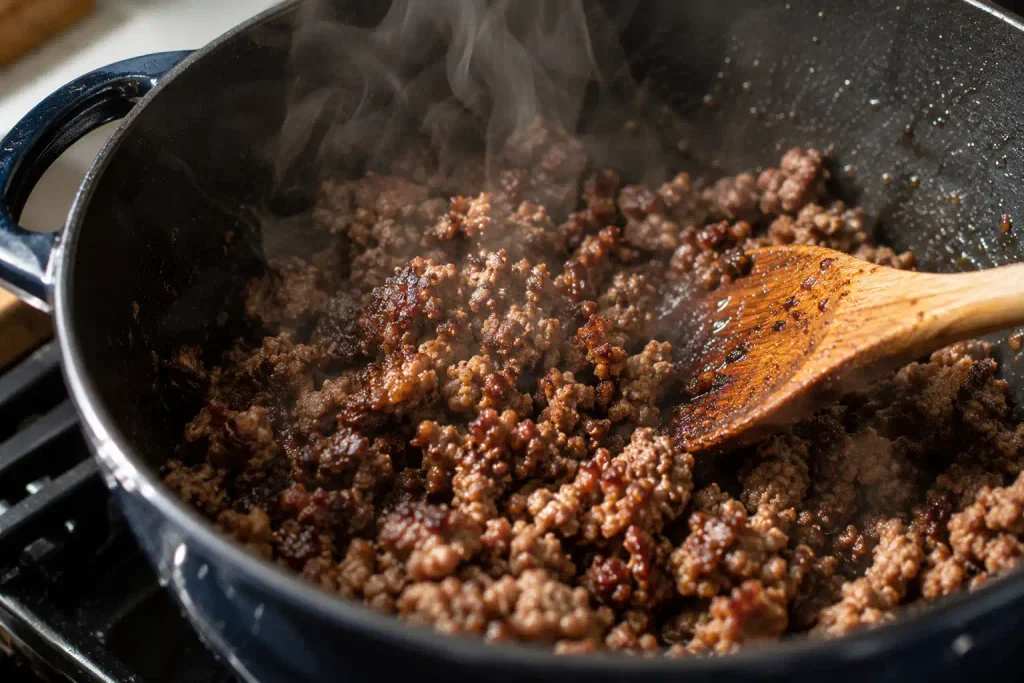 Lasagna Soup Recipe: A Hearty One Pot Dinner in 40 Minutes 4 Ground beef browning in a pot for easy lasagna soup