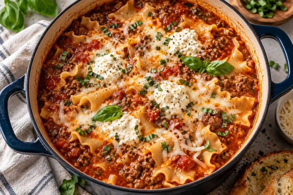 Lasagna Soup Recipe: A Hearty One Pot Dinner in 40 Minutes 6 Overhead view of a full pot of homemade lasagna soup