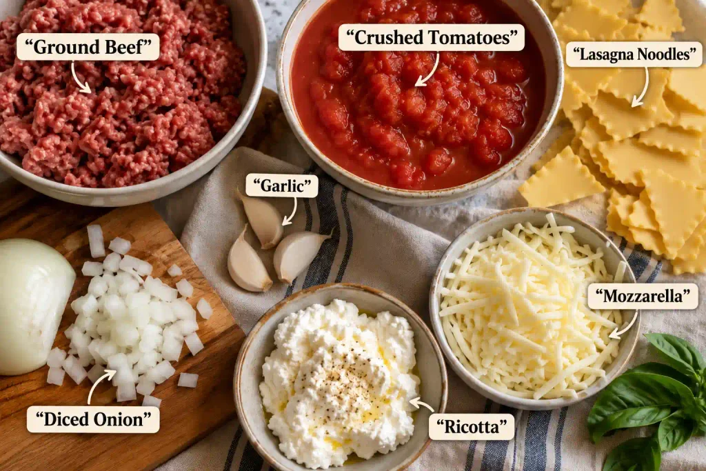Lasagna Soup Recipe: A Hearty One Pot Dinner in 40 Minutes 3 Raw ingredients for lasagna soup recipe arranged in an overhead flat lay