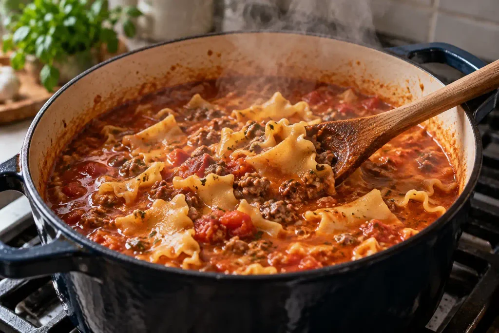 Lasagna Soup Recipe: A Hearty One Pot Dinner in 40 Minutes 5 Broken noodles simmering in lasagna soup broth on the stove
