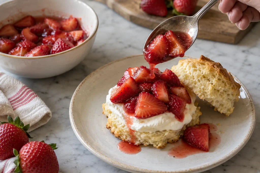 Strawberry Shortcake Recipe: Flaky Biscuits, 6 Ingredients, Real Cream 6 Spooning macerated strawberries over a split biscuit while assembling strawberry shortcake