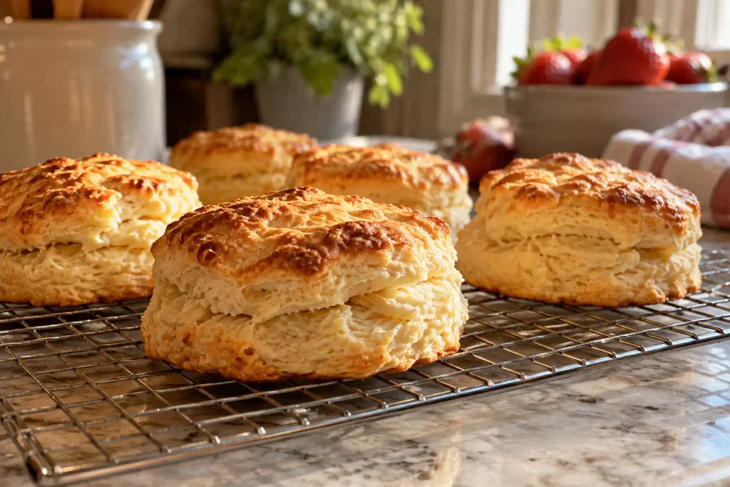 Strawberry Shortcake Recipe: Flaky Biscuits, 6 Ingredients, Real Cream 5 Golden baked strawberry shortcake biscuits cooling on a wire rack