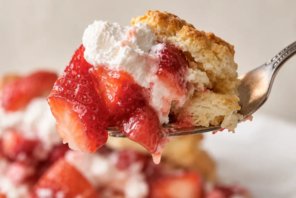Strawberry Shortcake Recipe: Flaky Biscuits, 6 Ingredients, Real Cream 7 Close up bite of strawberry shortcake showing flaky biscuit layers and whipped cream