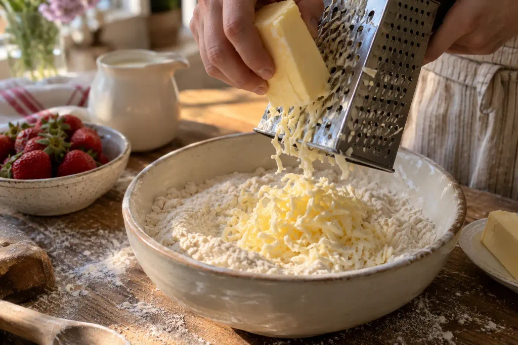 Strawberry Shortcake Recipe: Flaky Biscuits, 6 Ingredients, Real Cream 4 Hands grating frozen butter into flour for homemade strawberry shortcake biscuit dough