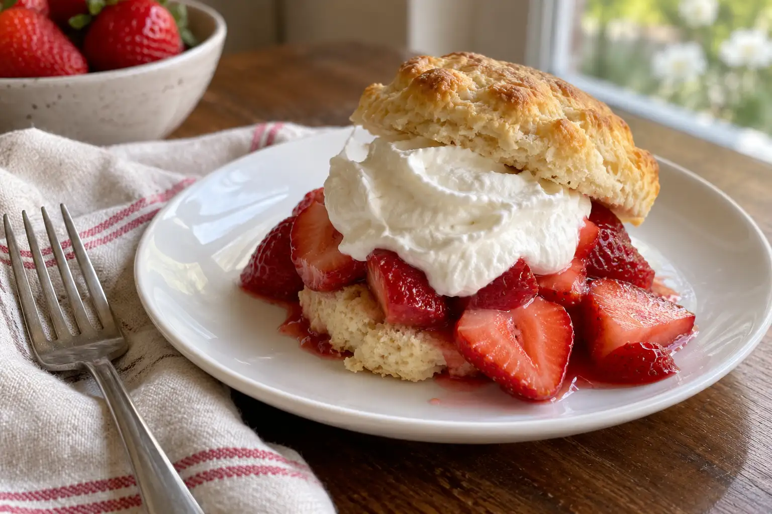 Strawberry Shortcake Recipe: Flaky Biscuits, 6 Ingredients, Real Cream 8 Classic strawberry shortcake with flaky biscuit, sliced berries, and whipped cream on a white plate