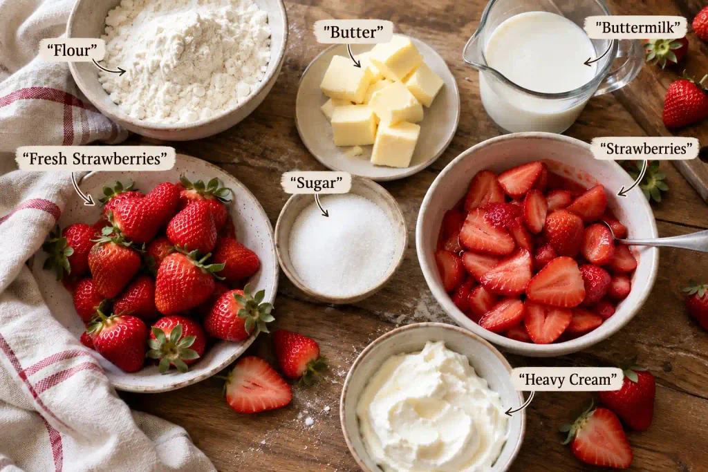 Strawberry Shortcake Recipe: Flaky Biscuits, 6 Ingredients, Real Cream 3 Overhead flat lay of strawberry shortcake ingredients including fresh strawberries and cold butter