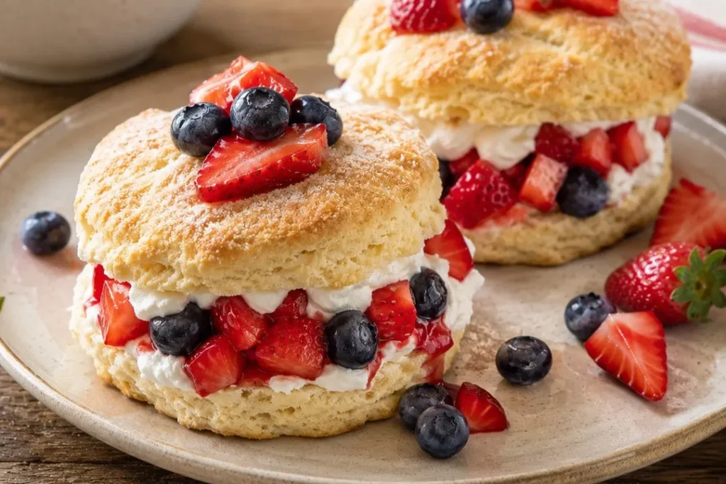 Strawberry Shortcake Recipe: Flaky Biscuits, 6 Ingredients, Real Cream 2 Homemade strawberry shortcake biscuits filled with whipped cream, fresh strawberries, and blueberries.