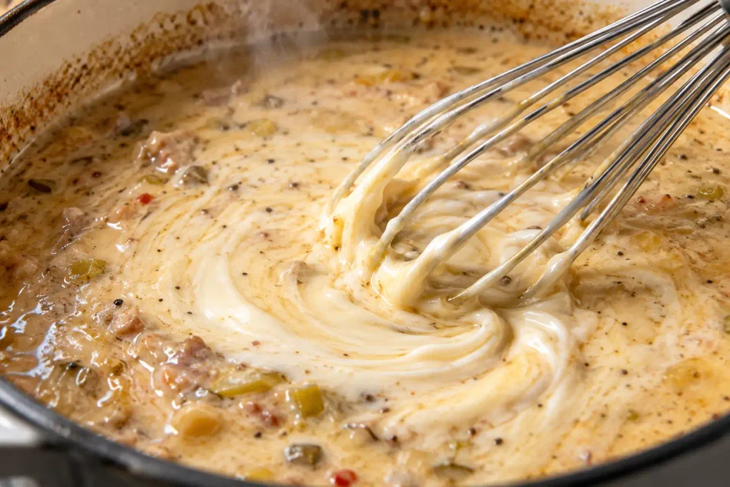 White Chicken Chili Recipe: Creamy, Ready in 40 Minutes 5 Whisk stirring cream cheese into creamy chicken chili broth