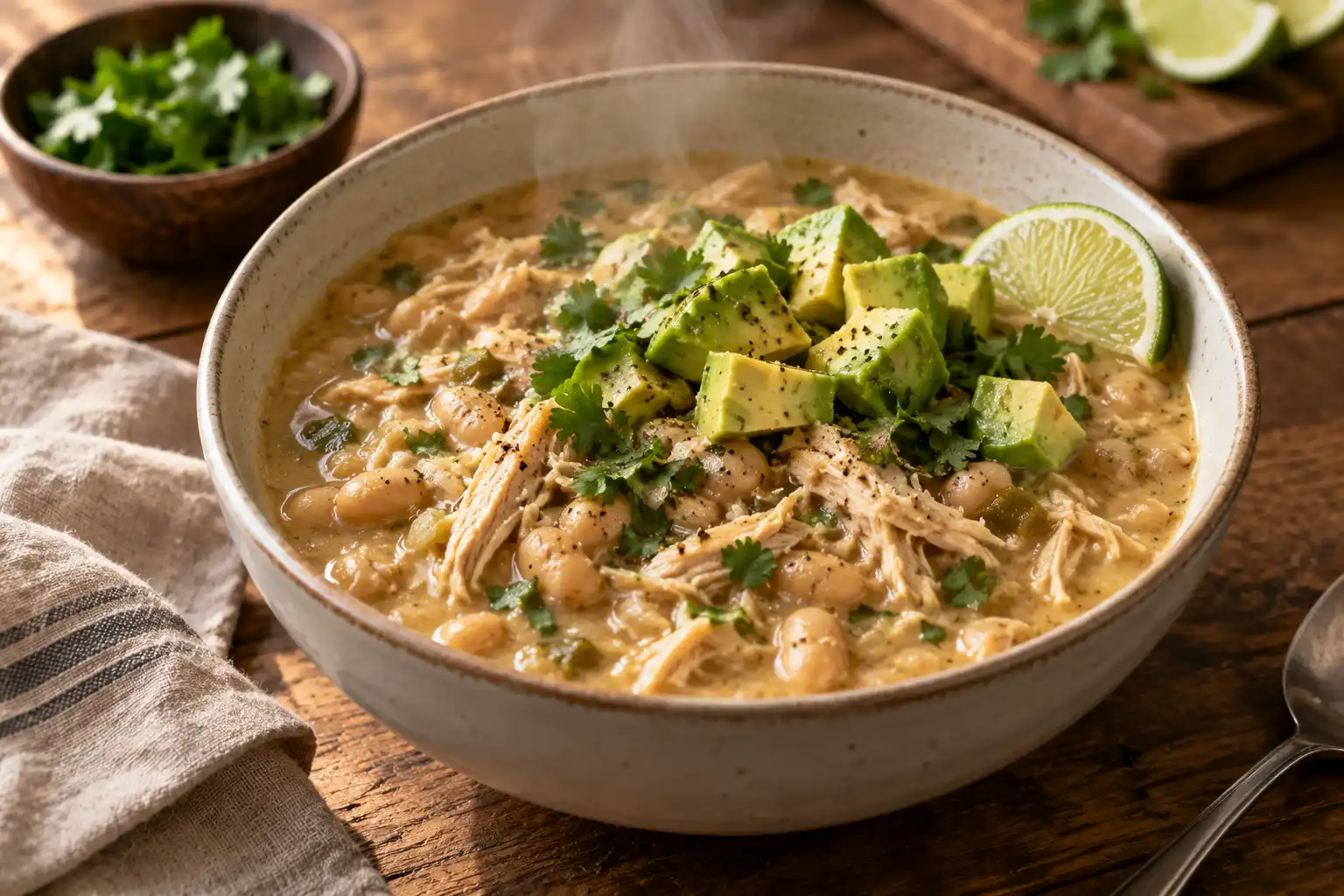 White Chicken Chili Recipe: Creamy, Ready in 40 Minutes 8 Bowl of creamy white chicken chili topped with avocado and lime