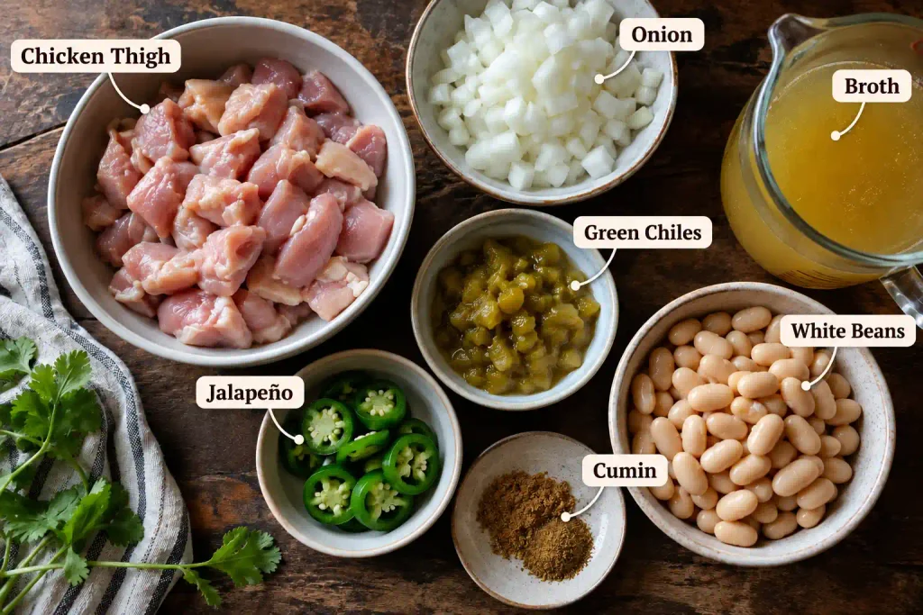 White Chicken Chili Recipe: Creamy, Ready in 40 Minutes 3 Raw ingredients for white chicken chili arranged in bowls