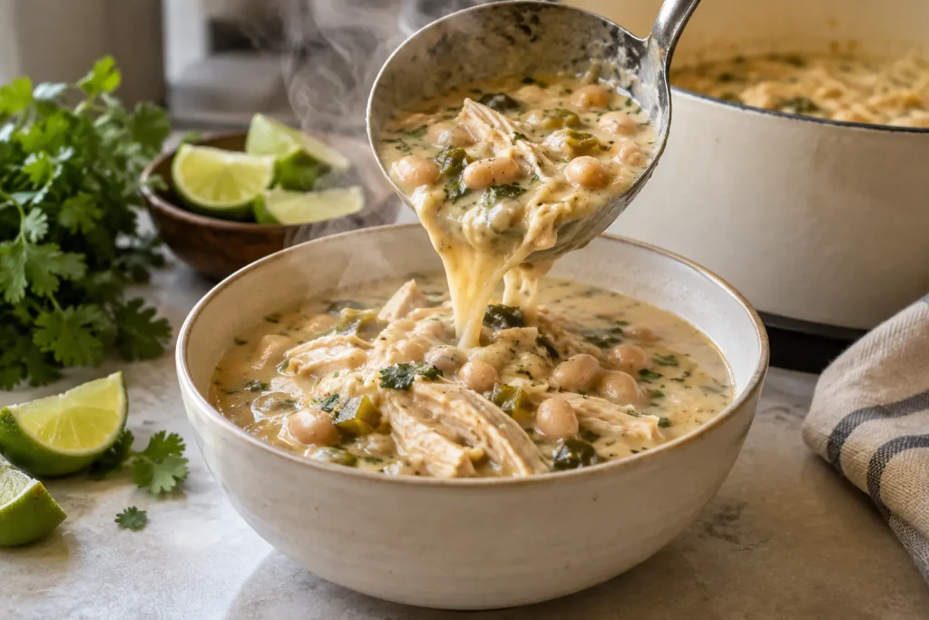 White Chicken Chili Recipe: Creamy, Ready in 40 Minutes 6 Ladle pouring white chicken chili into a bowl