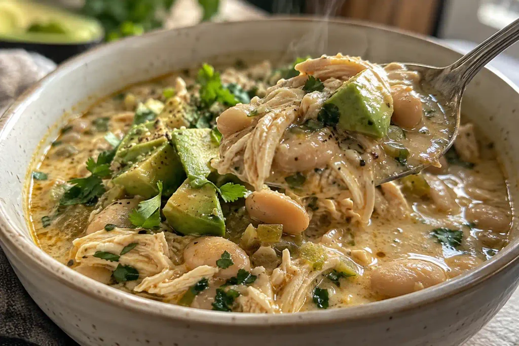 White Chicken Chili Recipe: Creamy, Ready in 40 Minutes 7 Spoonful of white chicken chili with avocado garnish